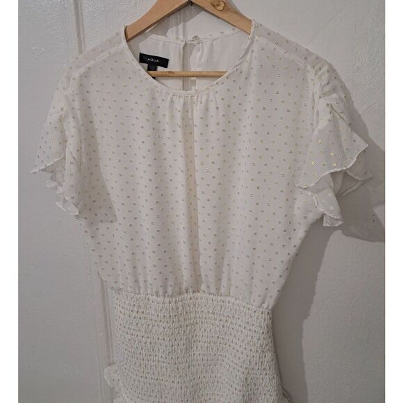 Aqua Womens Small White Gold Coquette Ballet Mini Dress Smocked - Picture 2 of 8